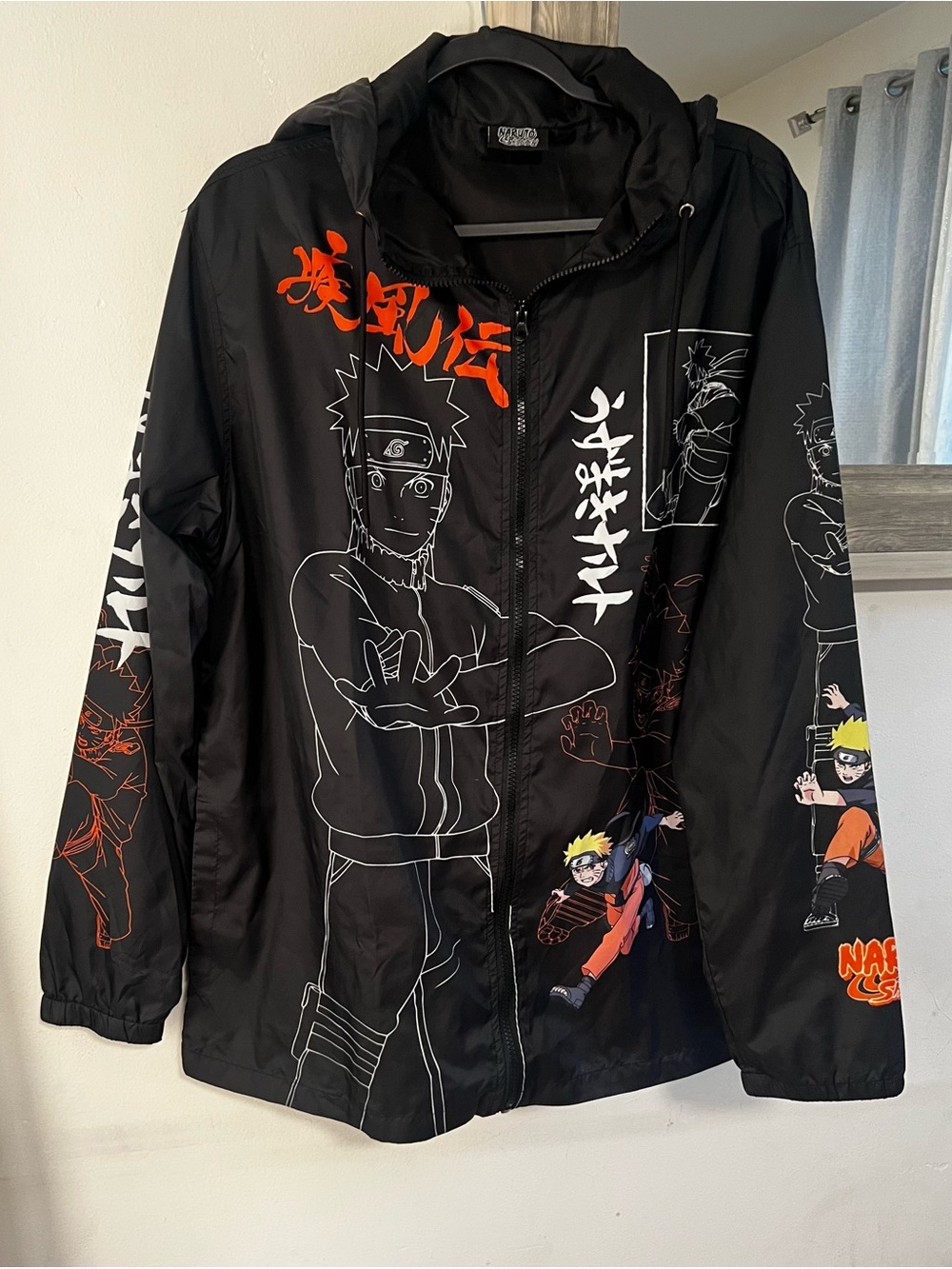 Black Naruto Graphic Windbreaker Jacket with Hood